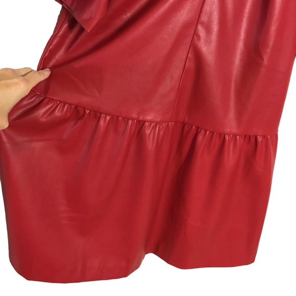 Ann Taylor 8 Red Faux Leather Drop Waist Peplum Shift Dress - Picture 6 of 8